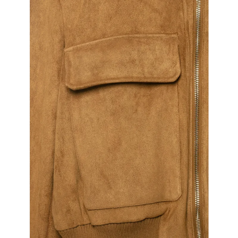 Damen-Jacke aus Wildlederimitat, Herbstkollektion, mit geripptem, hohem Kragen, Reißverschluss, langen Ärmeln und Taschen, kurze Vintage-Oberbekleidung. – Detail 13
