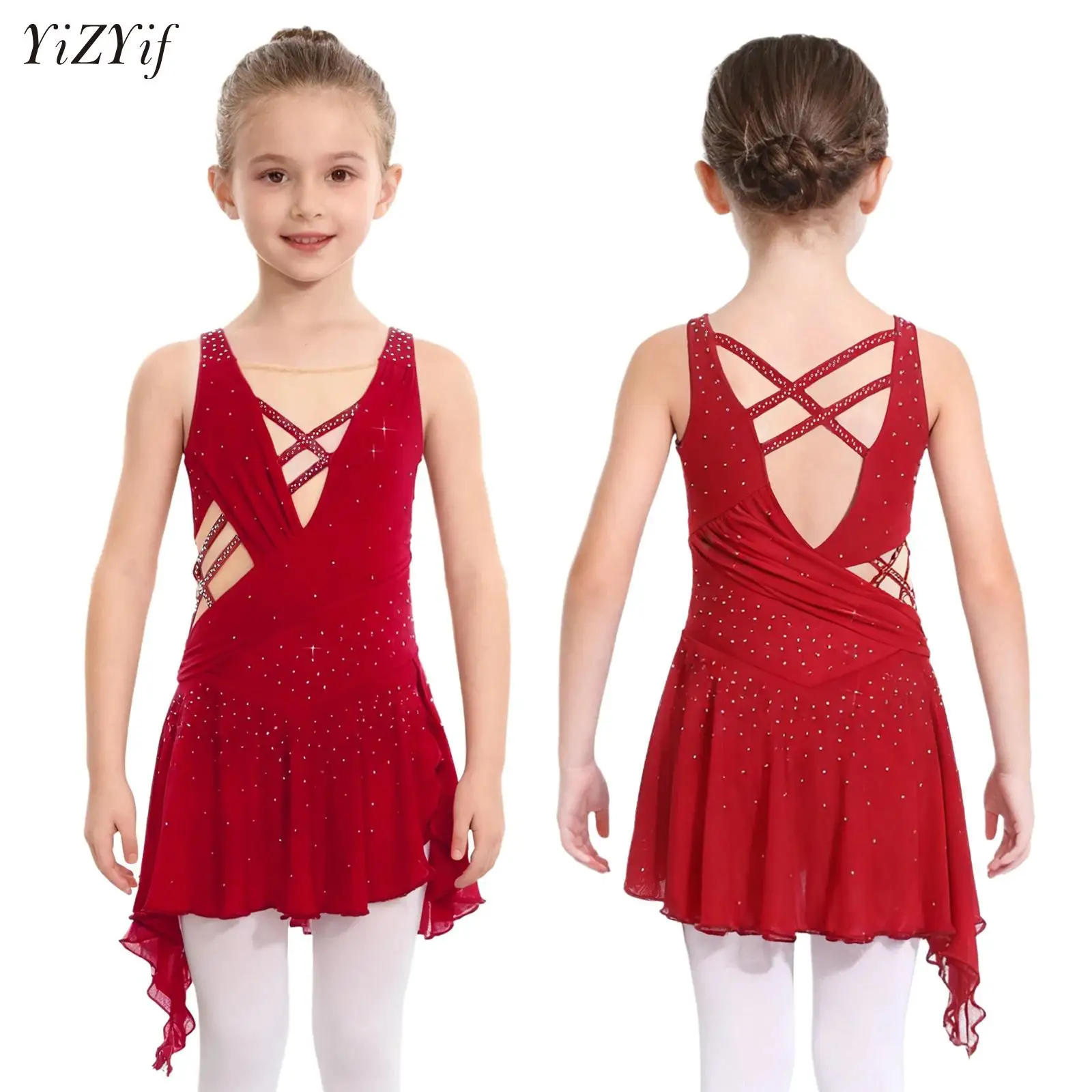 

Kids Girls Rhythmic Gymnastics Ballet Jersey Skirted Leotard Lyrical Latin Dance Costume Waltz Tango Asymmetrical Tutu Dresses