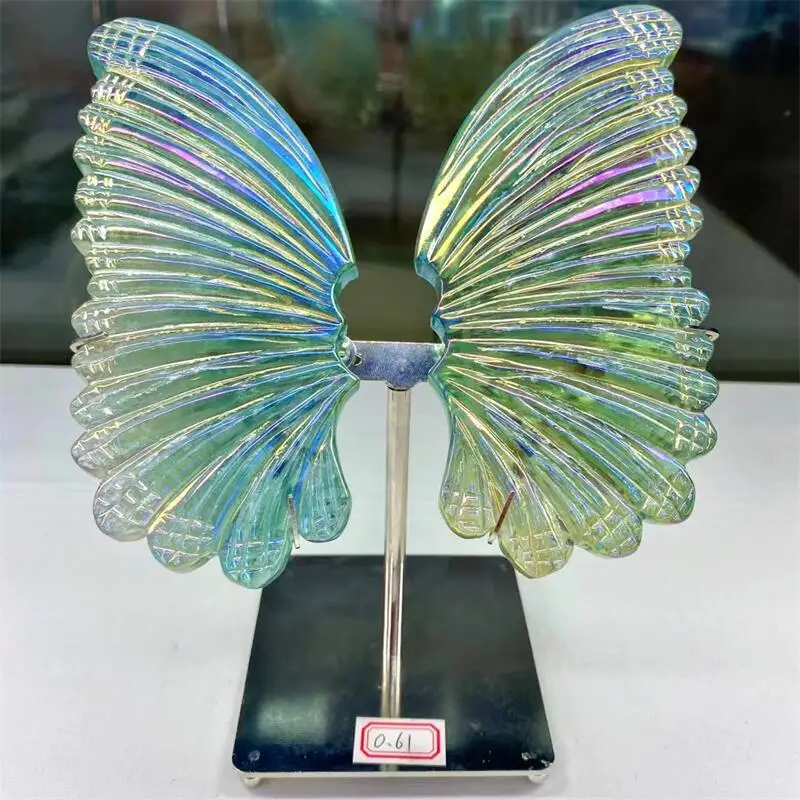 

Natural Aura Quartz Butterfly Wings Crystal Gemstone Hand Carved Statue Reiki Healing Crafts Decoration Gift 1pair