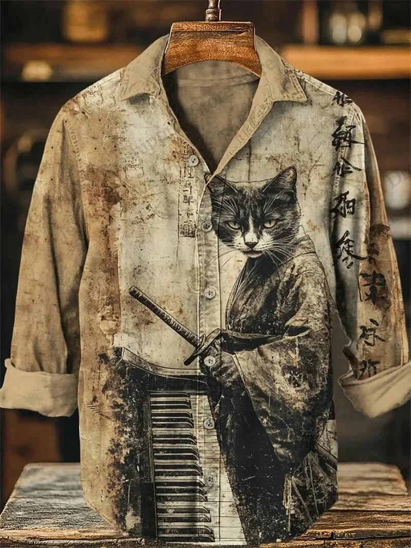 Mens Japanese Style Long Sleeve Button Up Shirt Dinosaur Samurai Cat 3d Print Hawaiian Shirt Men Women Fashion Casual Blouse New