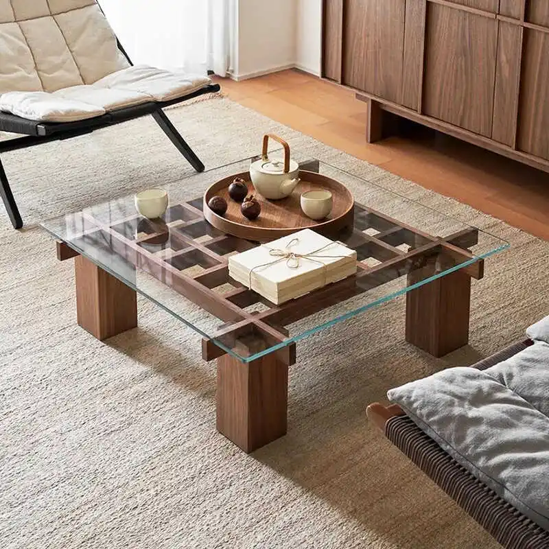 

Nordic Square Tempered Glass Coffee Table Household Living Room Modern Solid Wood Tea Table Light Luxury Creative Square Table