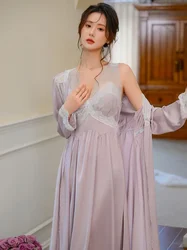 French Vintage Pajamas Night Wears Women Spring Autumn Silk Robe Nightgown Lace Pure Sexy Homewear Victorian Princess Sleepwear