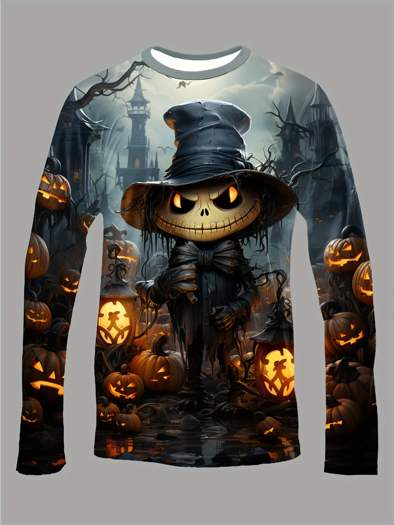 Men Long Sleeve T‑Shirt Scarecrow Pumpkin Castle 3D Print Halloween Party Gothic Casual Top