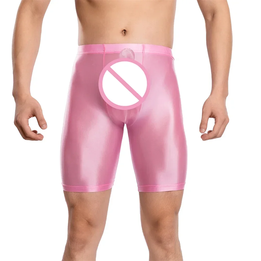 Men's Stretchy Long Bulge Pouch Underwear Oil Glossy Smooth Sexy Elephant Nose Trunks Solid Color Fitness Sport Boxers Shorts