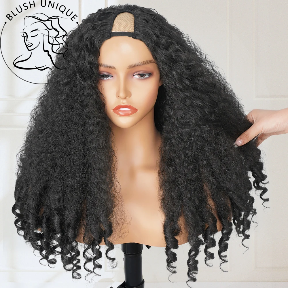 Afro Curly V Part Wig Synthetic Kinky Straight with Bouncy Curly Ends Fluffy Bouncy Hair for Women No Leave Out Clip in Half Wig