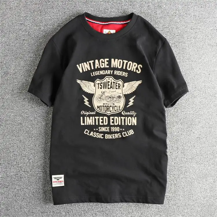 Summer American Retro Short Sleeve O-neck Letter Motorcycle Printed T-shirt Men's Fashion 100% Cotton Washed Casual Tops Tees