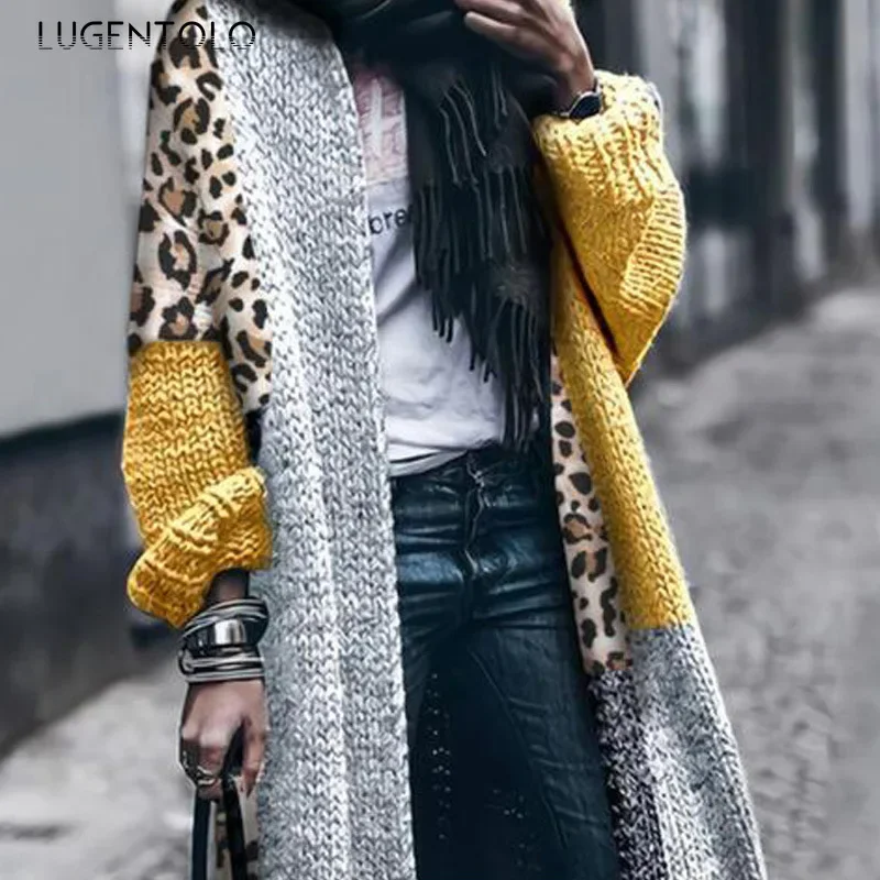 Sweter kardigan kobiety łączenie Leopard Atuumn zima z długim rękawem duże rozmiary kobiece moda codzienna dzianinowe swetry Lugentolo