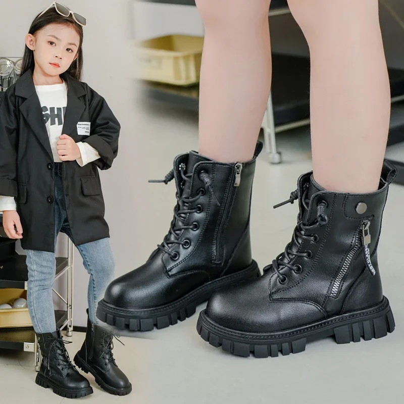 Girls Leather Boots Flat Heel Low Cut Anti Slip Waterproof Zipper Microfiber Leather Winter Fashion Boots Sandalias De Mujer