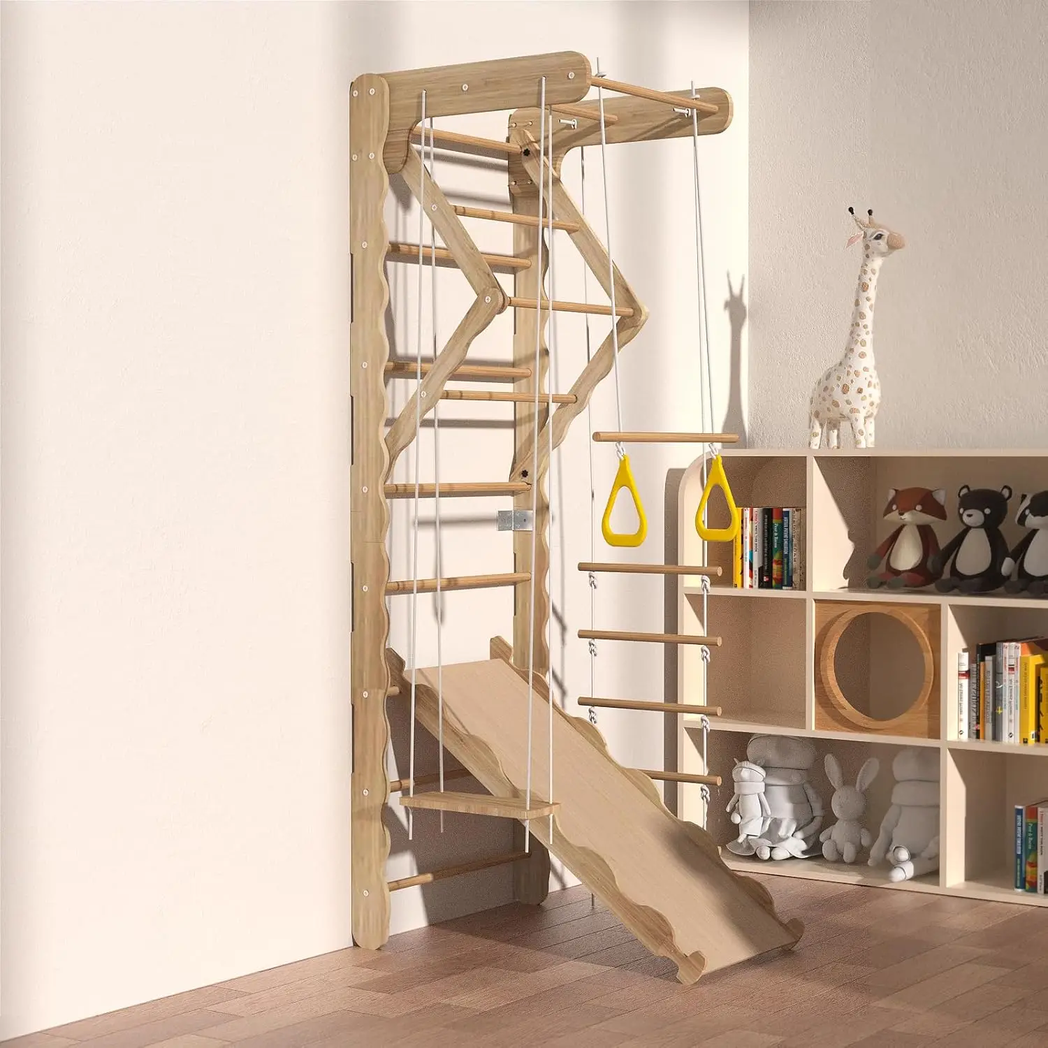 5-in-1 Wooden Indoor Jungle Gym for Kids, Wall-Mounted Swedish Ladder with Pull-Up Bar, Rings, Swing, and Slide – Montessori-Ins