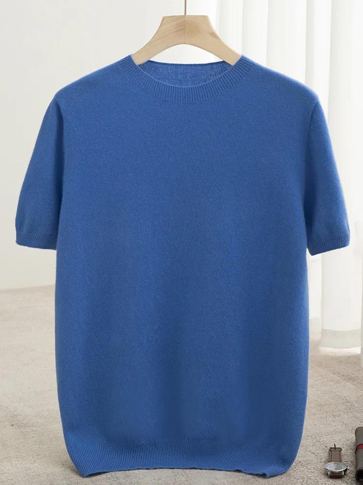 

New Spring Summer Autumn Short Sleeve Pullover 100% Wool Men's Knitting Sweater Round Neck T-shirt Pure Wool Casual Tops