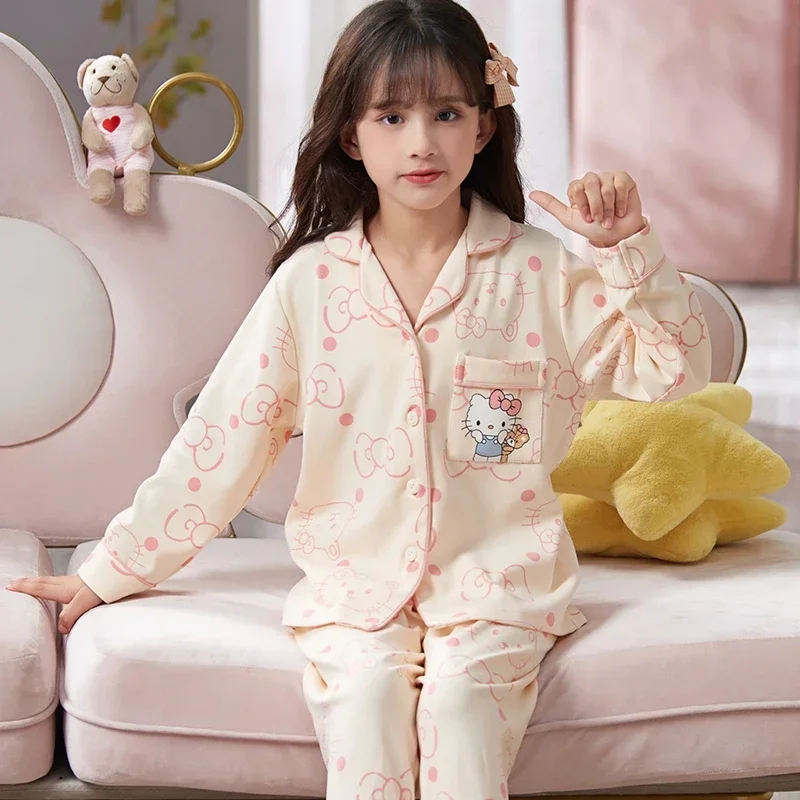 Sanrio Hello Kitty Fall Pure Cotton Long Sleeve Trousers Casual Children Pajamas Home Wear Silk Pajamas Women\'s Sleepwear Suit