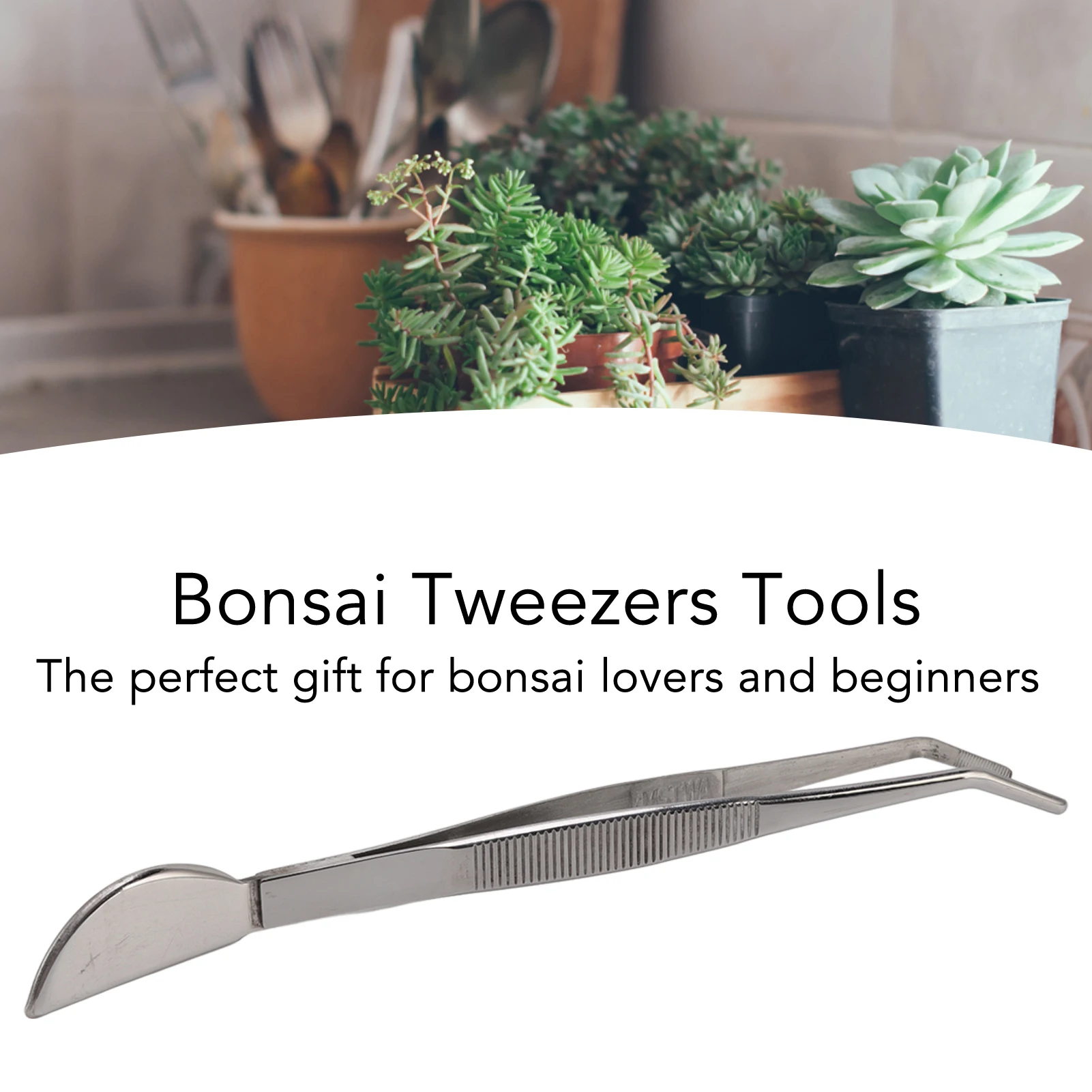 D2 Stainless Steel Garden Bonsai Long Tweezers with Crescent Moon Spatula Head for Potted Loosening Soil Planing Grass Curved