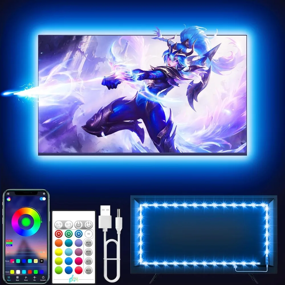 Luces LED para TV, luces LED de 9,8 pies para TV de 35-55 pulgadas detrás de la iluminación, retroiluminación de TV que cambia de color RGB con aplicación y control remoto, Mu