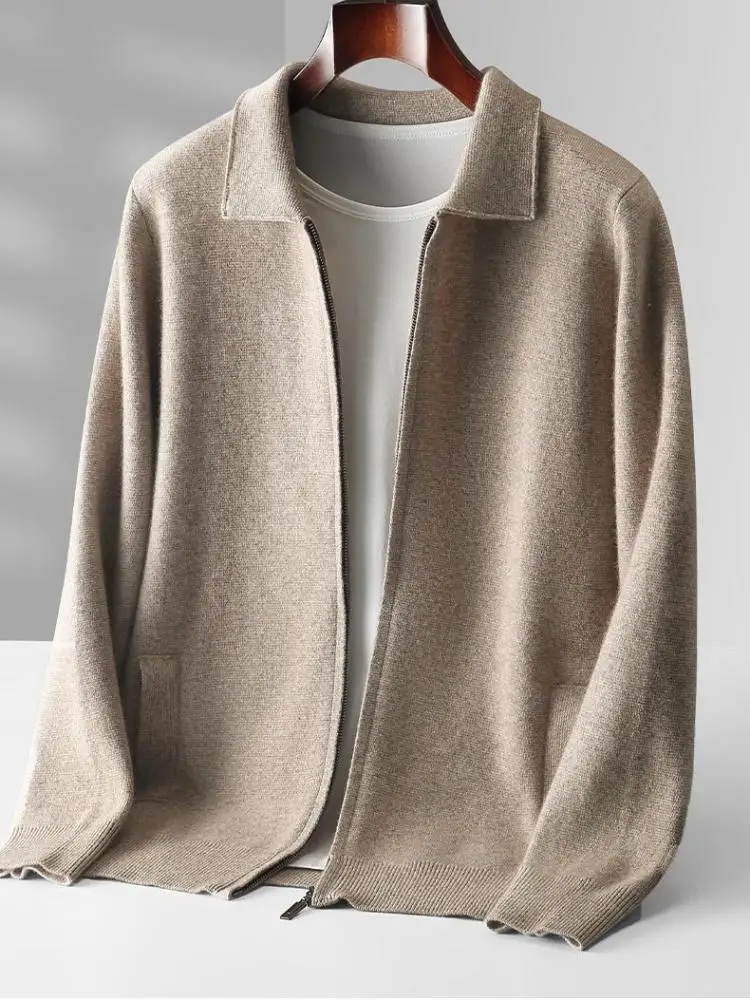 Autumn Winter 100% Merino Wool Men Sweater Thick Warm Polo Collar Zip Cardigan Jacket New Business Casual Cashmere Knitted Coat