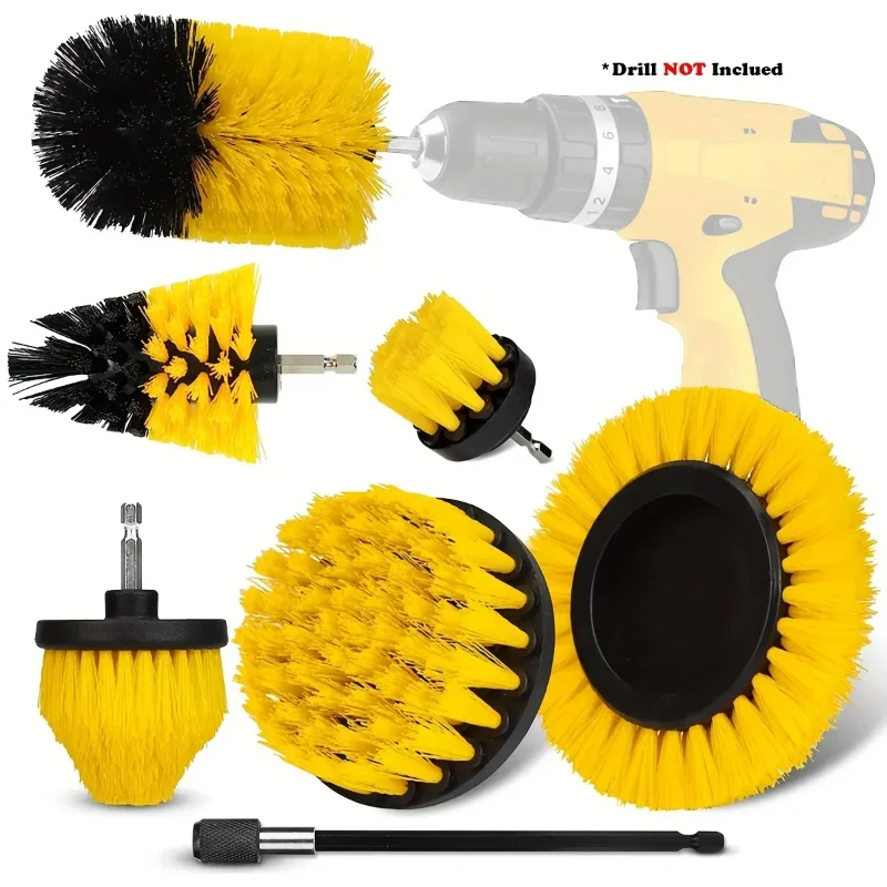 7-Piece Drill Brush Attachment Set Cleaning Brush Tool Kit Multi-Purpose Drill Brush with Extension Pole for Floor Automotive