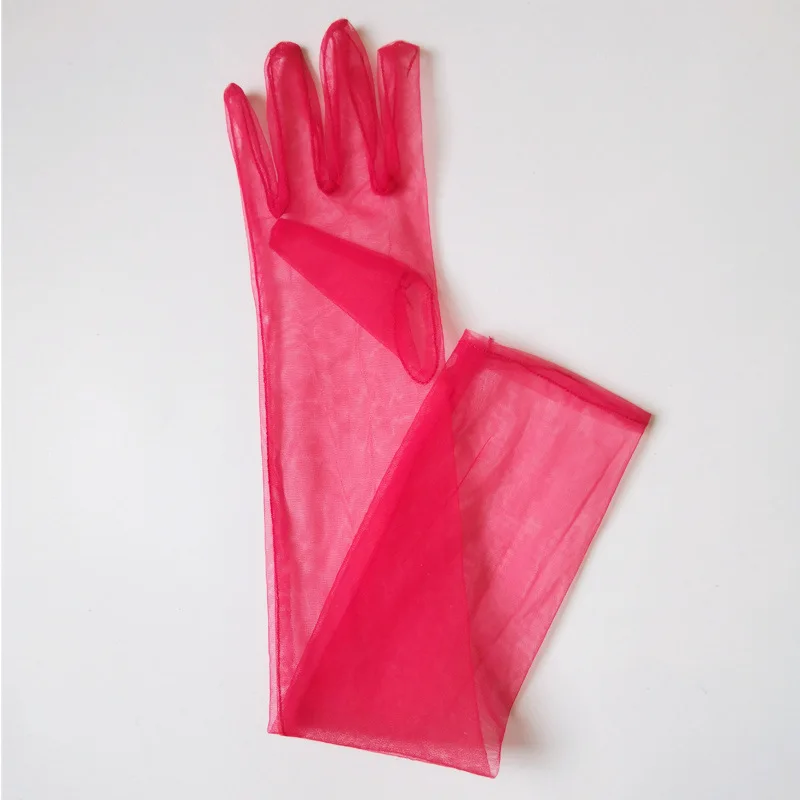 Guantes transparentes de malla roja para mujer, guantes largos de dedo completo, longitud de ópera, fiesta de graduación y noche, guantes de disfraz, Rosa