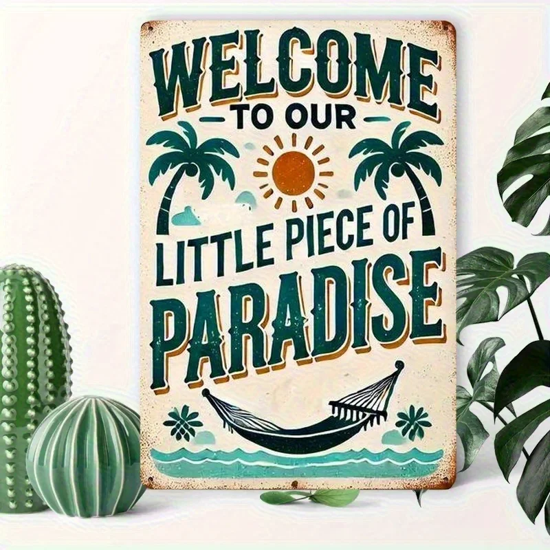 Bienvenue dans notre petit paradis - Plaque murale nostalgique en fer - Décoration rustique d'extérieur avec motif arbres et hamac, Art métallique durable