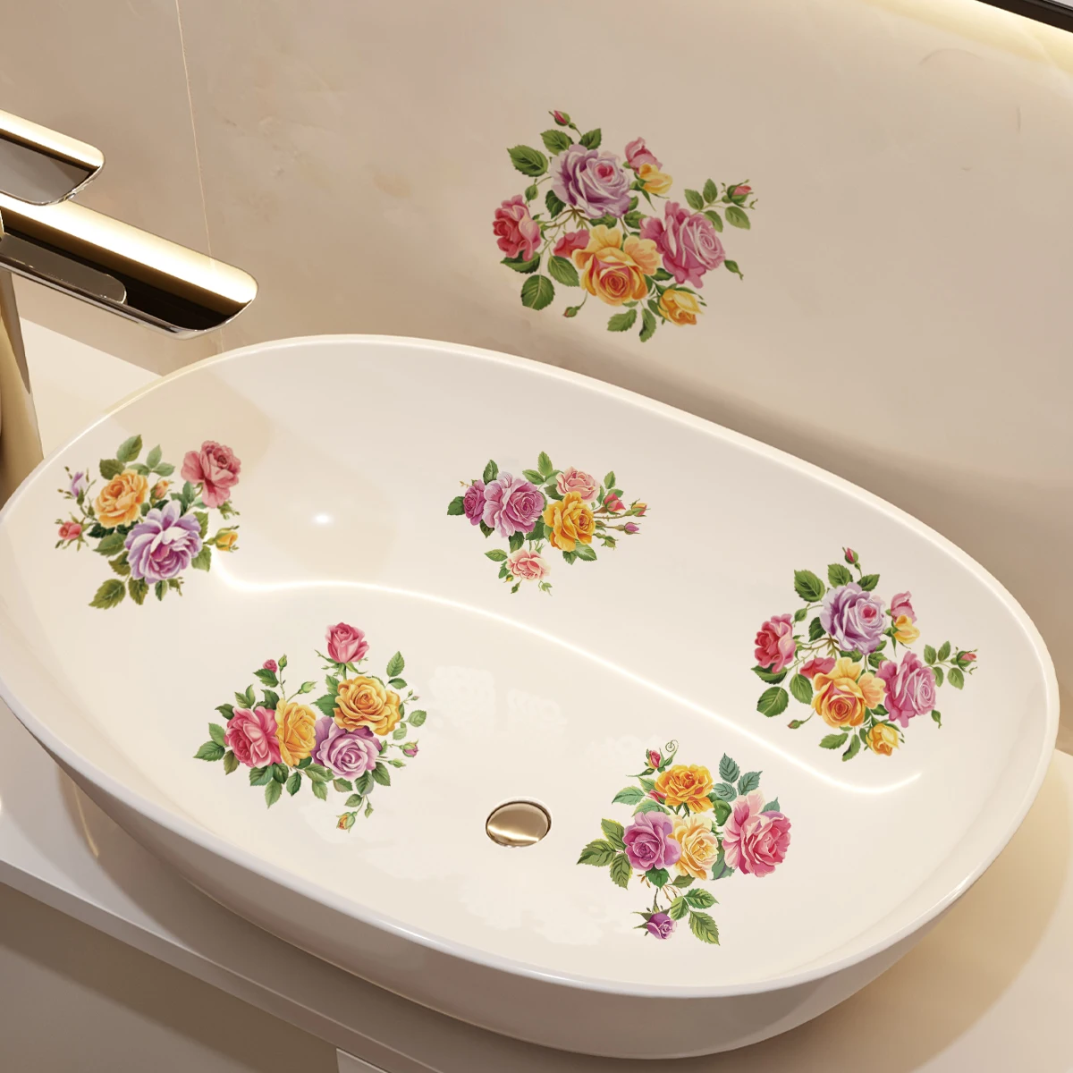 1PC multi-color rosebud pattern waterproof non-slip self-adhesive bathroom decorative stickers wash basin stickers