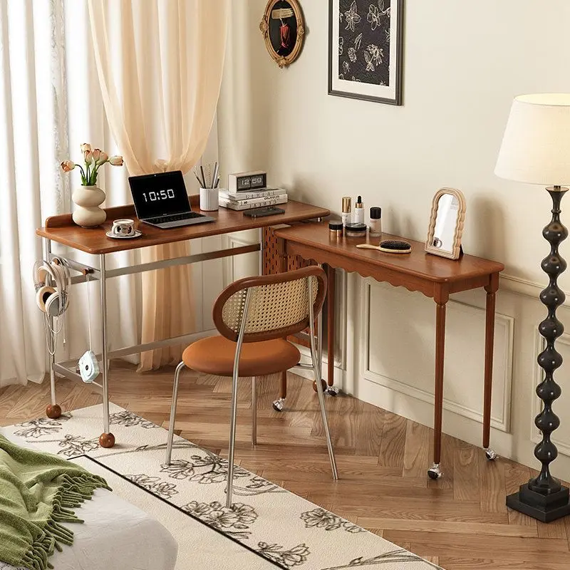 French retro solid wood retractable desk small apartment bedroom study home medieval simple rotatable desk