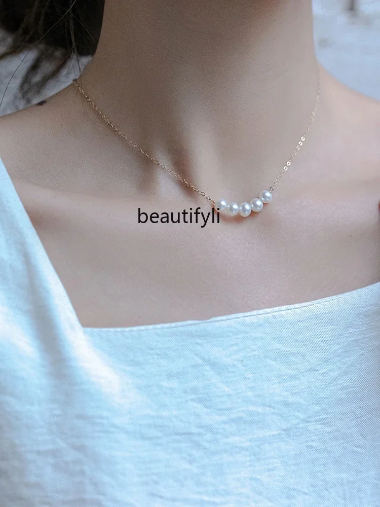 Simple and versatile natural freshwater pearl necklace design sense 14K gold collarbone chain new