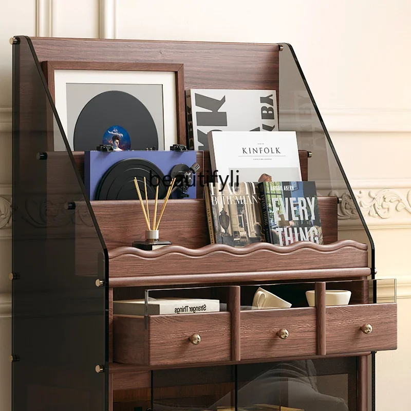 خزانة مجلة من الخشب الصلب من خشب الجوز الأسود لغرفة المعيشة وغرفة الطعام وخزانة جانبية متوسطة عتيقة #4
