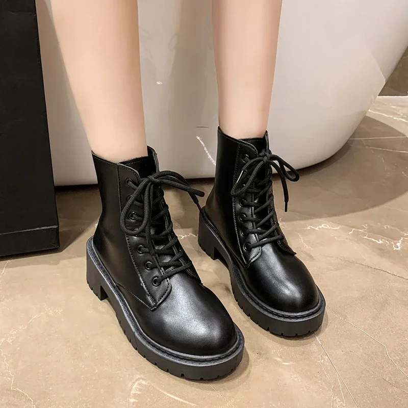 2024 Fashion Women's Shoes Lace Up Women's Boots Autumn Round Toe Solid Short Barrel Chunky Heels Naked Boots Zapatos Mujer