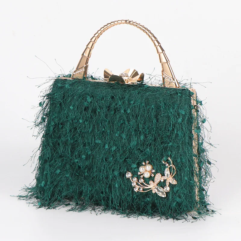 Sac à main carré avec pompon pour femme, robe formelle pour femme, sacs de soirée assortis, sacs en fourrure avec appliques de perles, cadeau élégant, nouveau, 2024