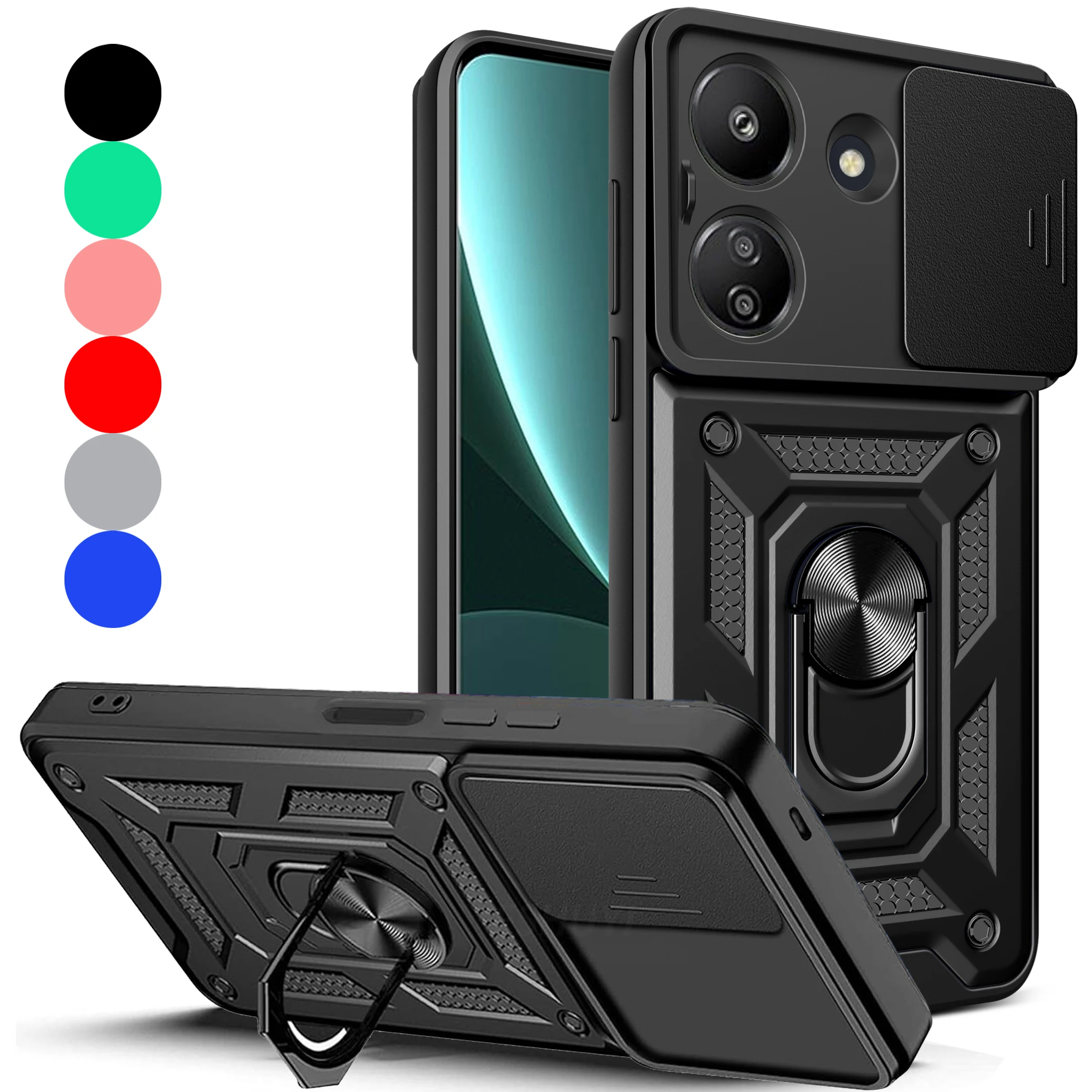 

For Xiaomi Redmi 13c 4G (only) Shockproof Phone Case Ring Armor Magnetic Hybrid Rugged Holder Stand+Camera Lens Cover