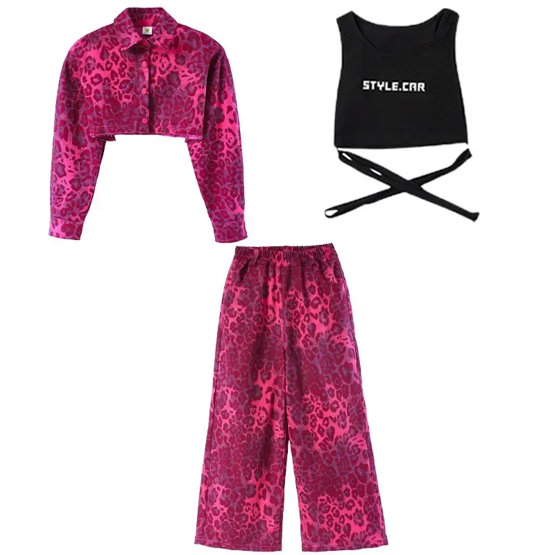 ملابس أداء رقص الجاز بدلات سرية ملابس بروفة المدرج للفتيات مجموعة من السراويل الوردية المطبوعة بطبعة الفهد لعمر 6-16 سنة #4