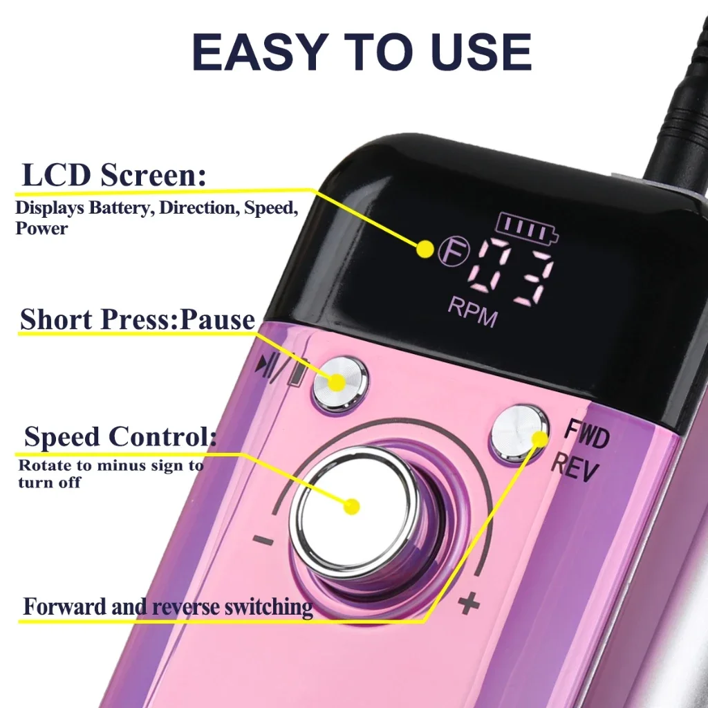 Trapano per unghie portatile elettrico professionale da 45000 giri/min Lima per levigatrice per unghie ricaricabile a basso rumore per strumento per salone di manicure