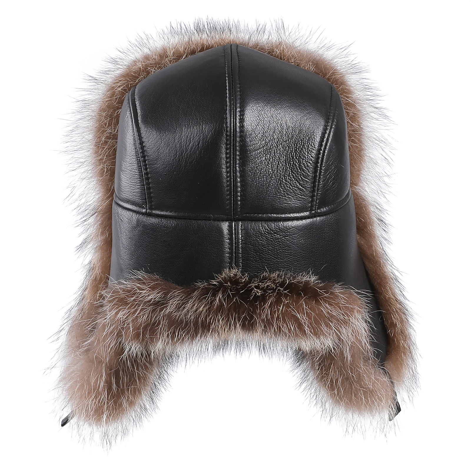 BOONJOVIA 100% Raccoon Fur Trapper Hat for Men Aviator Russian Ushanka Winter Leather Earflap Caps Cold Weather Outdoor Hunting