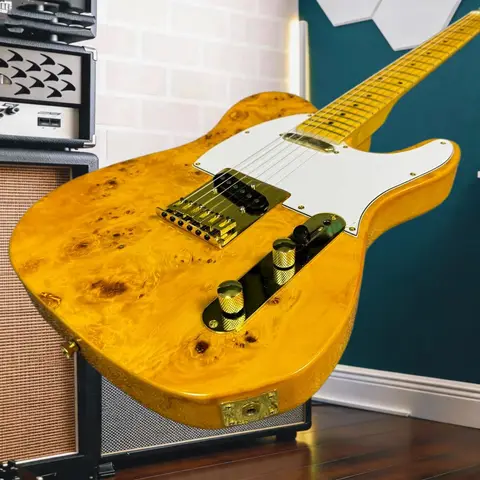 Burl Wood Top Butterscotch TL Style Electric Guitar, Gold Hardware Single Pickup Vintage Tele Guitar