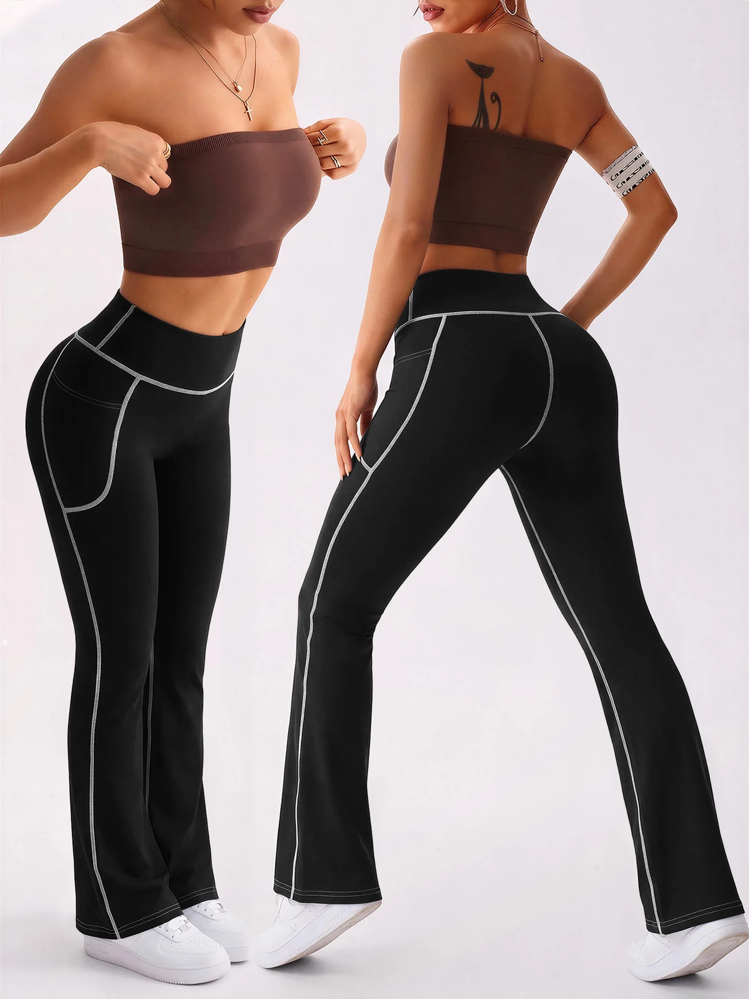 Women High Rise Flare Casual Pants Side Phone Pocket White Contrast Line Slim Soft Elastic Bootcut Pants