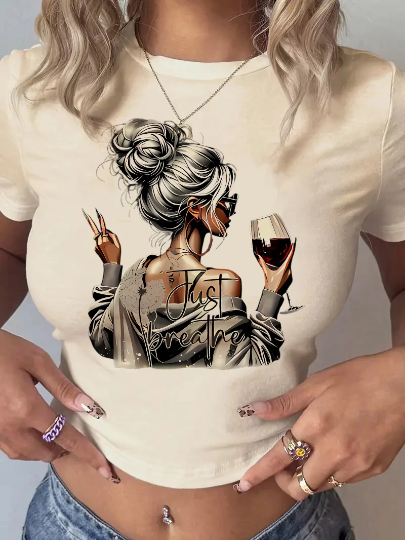 Cropped Chic Artistic Wine Drink Print Crew Neck Short Sleeve Crop Top T Shirt Women's Print Shirt  T-shirt Sexy