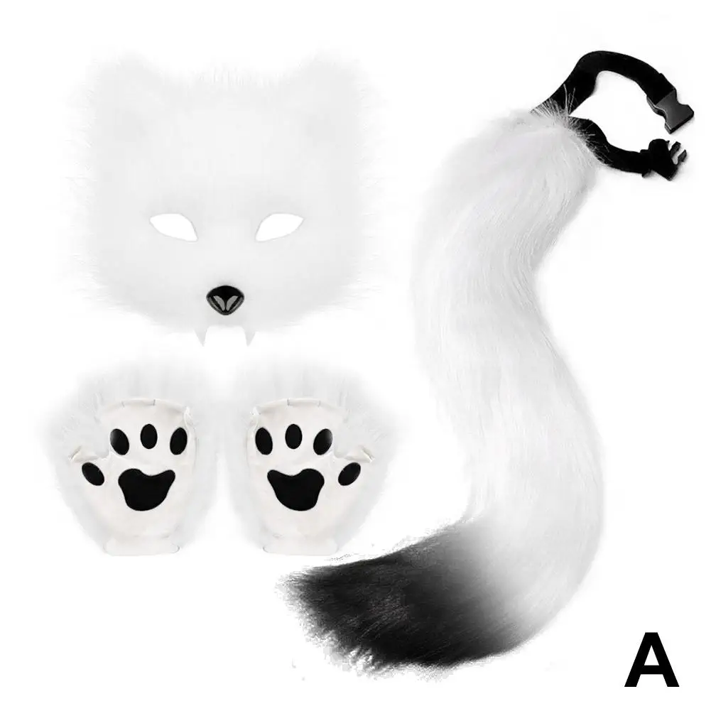 Fluffy Fur Tail Mask Gloves Cat Paws Gloves And Wolf Therian Mask Set For Halloween Cosplay Costume Accessories Mask Sets I4Z7