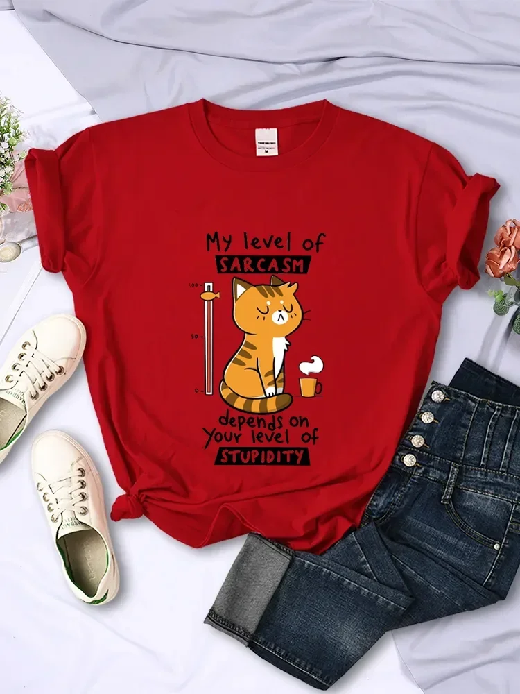 Funny My Level of Sarcasm Depends on Your Level of Stupidity Graphic Women T Shirts Sarcasm Level Cat Tees 2024 Summer T Shirts