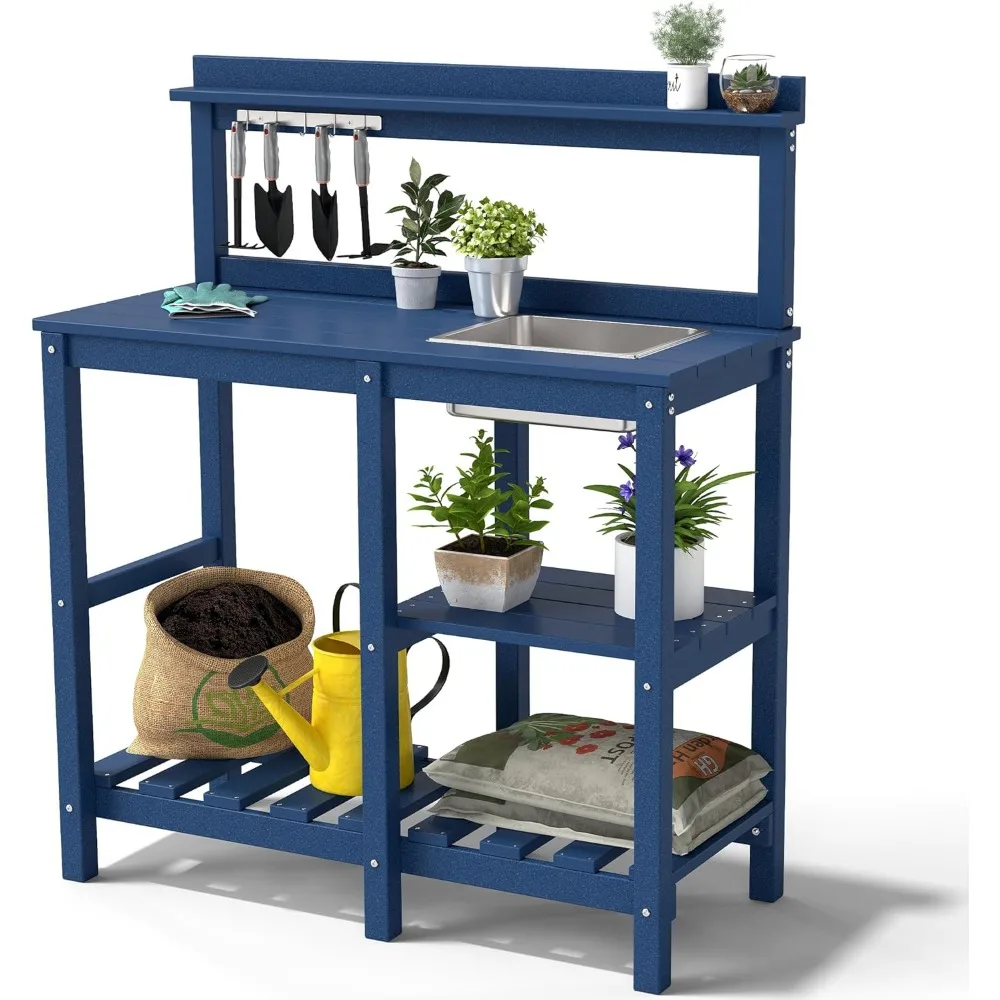 

Potting Bench, HDPE Outdoor Potting Table with Sink, All-Weather Potting Benches for Outside, Gardening Table with Storage Shel