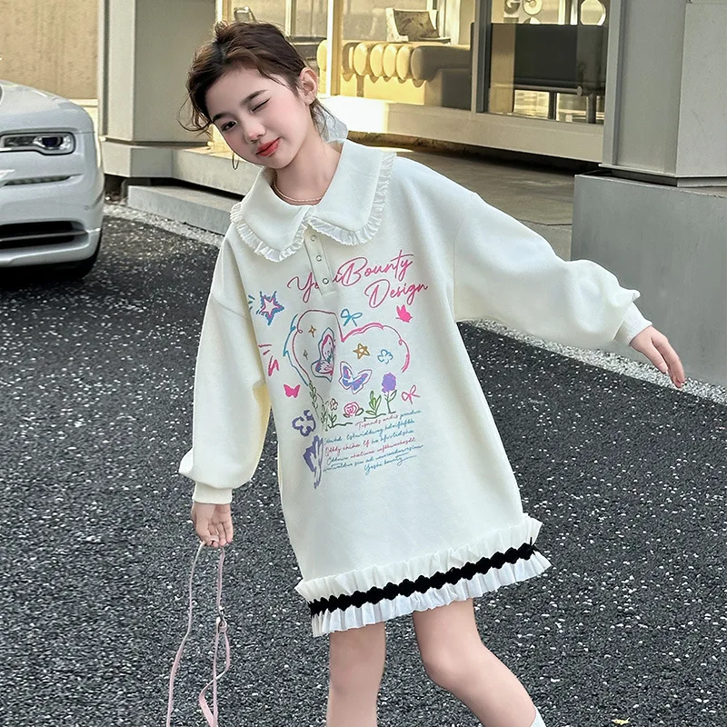 

Kawaii модная толстовка для девочек, платье, топы, студенческая весенне-осенняя повседневная юбка средней длины с лацканами и героями мультфильмов, детская одежда