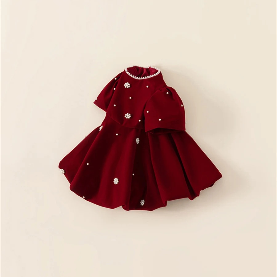Cute Velvet Red Dress for Kids Girls Beading O-neck Floral Pattern Puff Sleeve Princess Vestido 1-8Y Child Christmas Party Dress