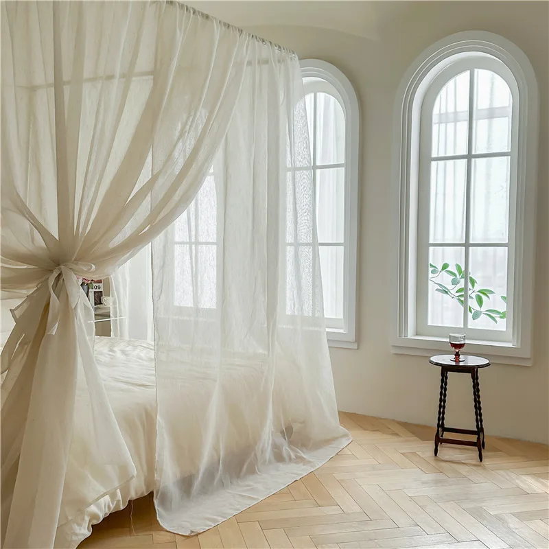 French linen is easy to disassemble and wash, mosquito nets increase the space and open three doors on the floor