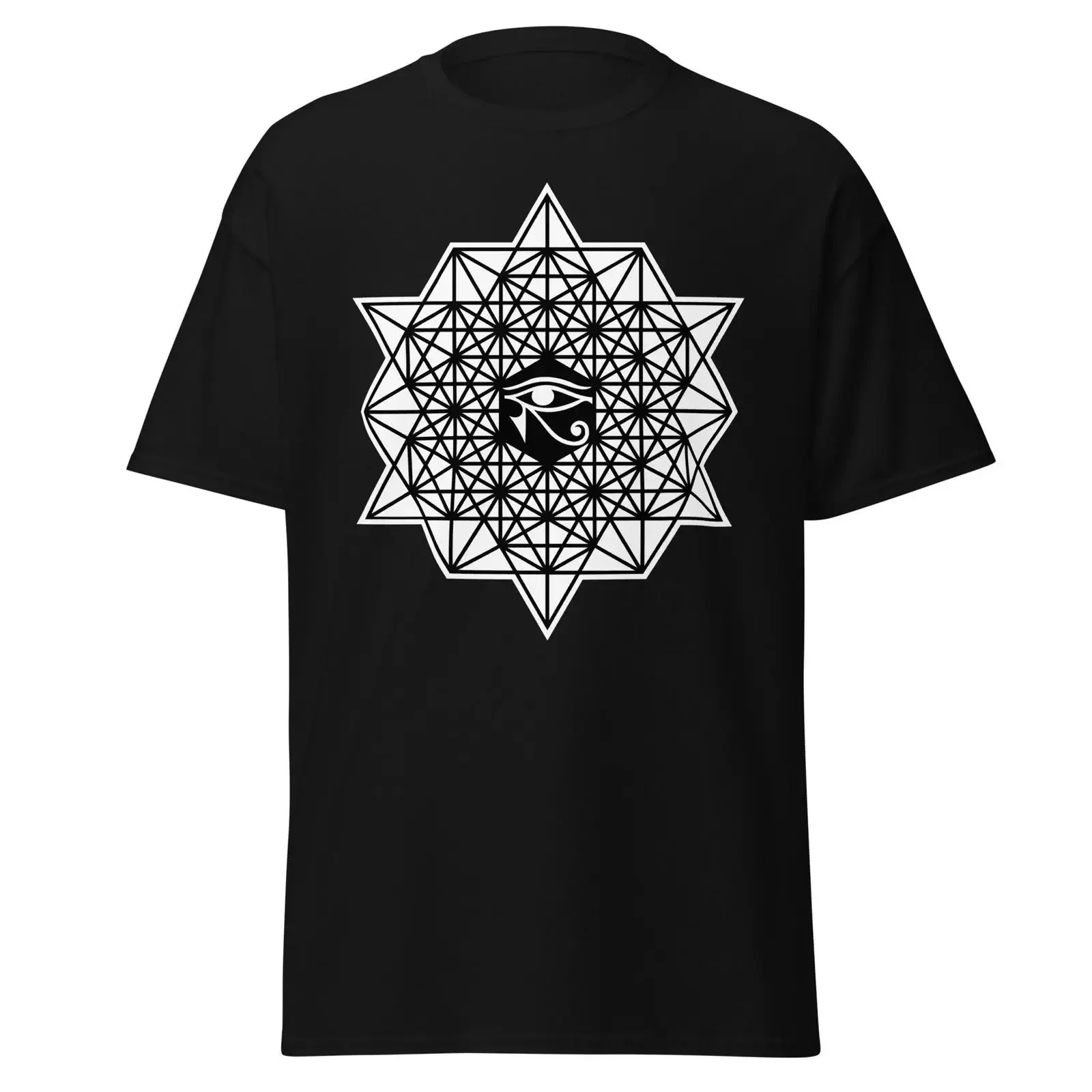 64 Tetrahedron Grid Eye of Horus Sacred Geometry Men's T shirt Streetwear Festival Egypt vintage Washed Versatile