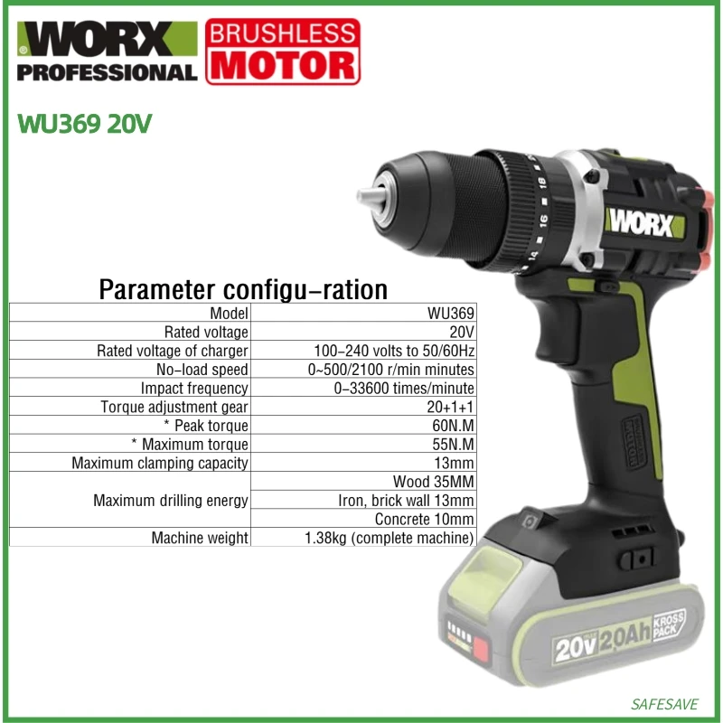 Imagem -03 - Worx-broca Manual Elétrica de Lítio Furadeira de Impacto 20v Wu182 Wu173 Wu369 Wu373 Wu377