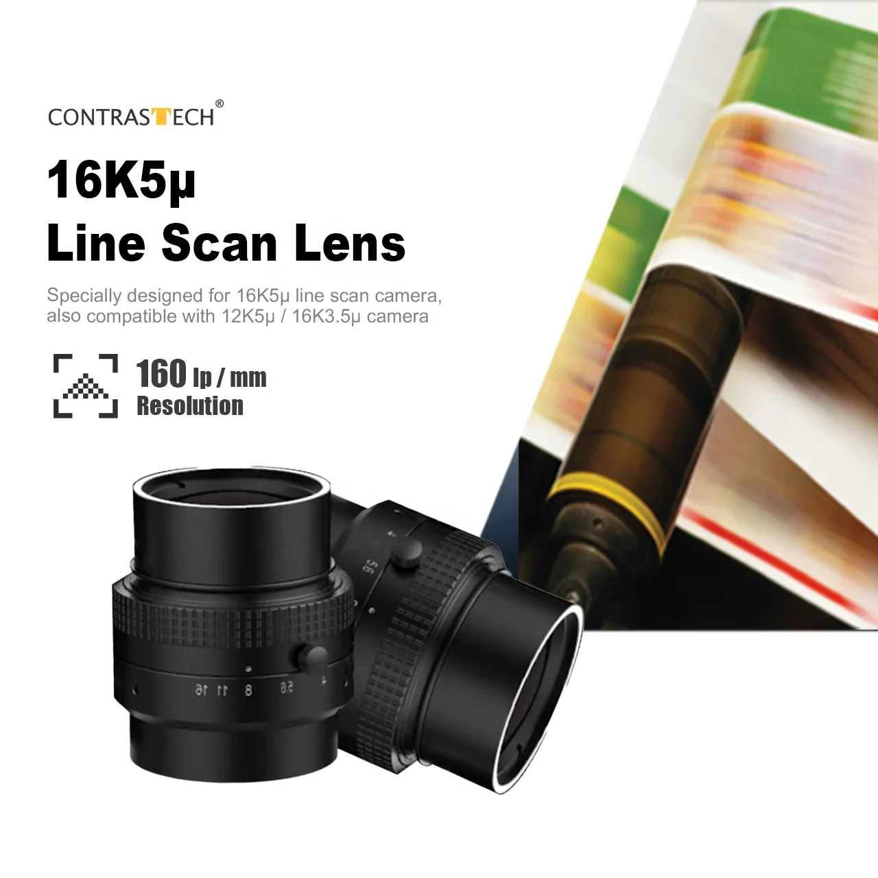 Formato de diseño compacto 30mm longitud Focal fija montaje en V FA línea Industrial lente de cámara de escaneo para cámara lineal 4K 7um CONTRASTECH