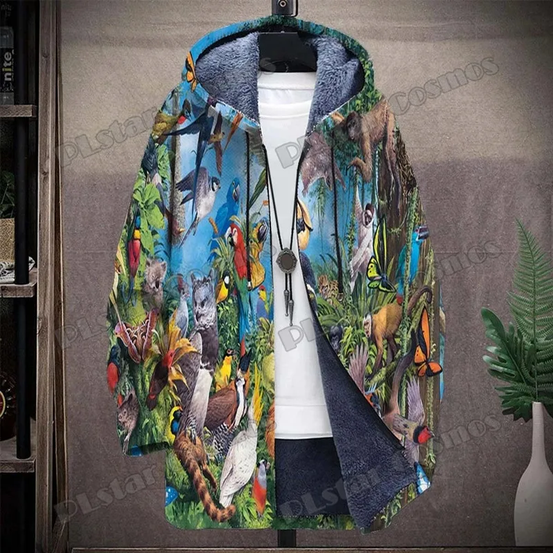 

Зимняя мужская куртка с капюшоном в виде животного попугая/бабочки/обески, плюшевая толстая куртка на молнии с 3D принтом, нейтральная повседневная теплая куртка Z0360