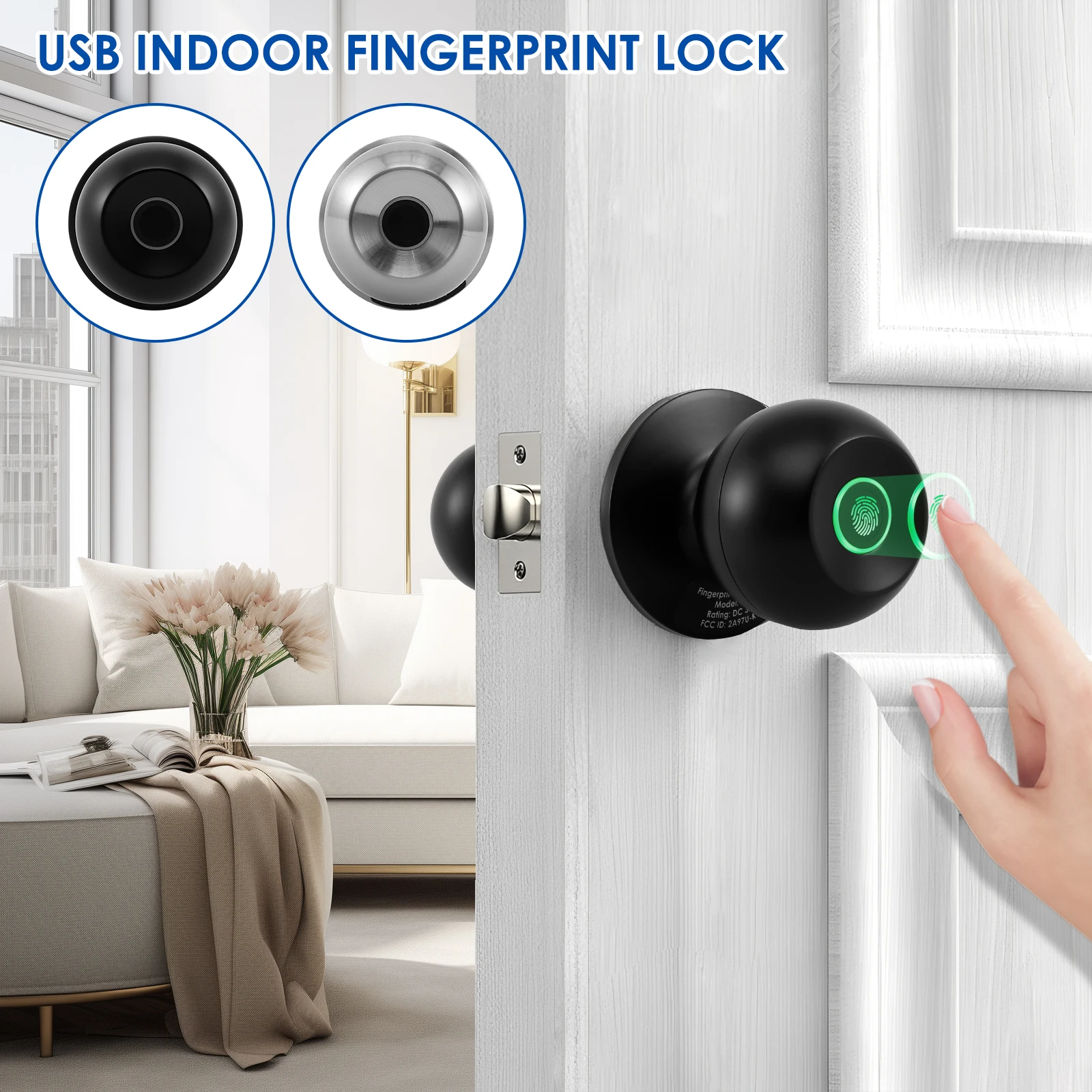 Smart Door Knob Stable Fingerprint Door Knob with 3 Keys APP/Key/Fingerprint Control Door Lock Safe 3 Ways Unlock Door Knob