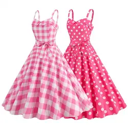 Women Vintage Pink Plaid Dress Retro Rockabilly Strap Suspenders Cocktail Party 1950s 40s Swing Dress Summer Dresses
