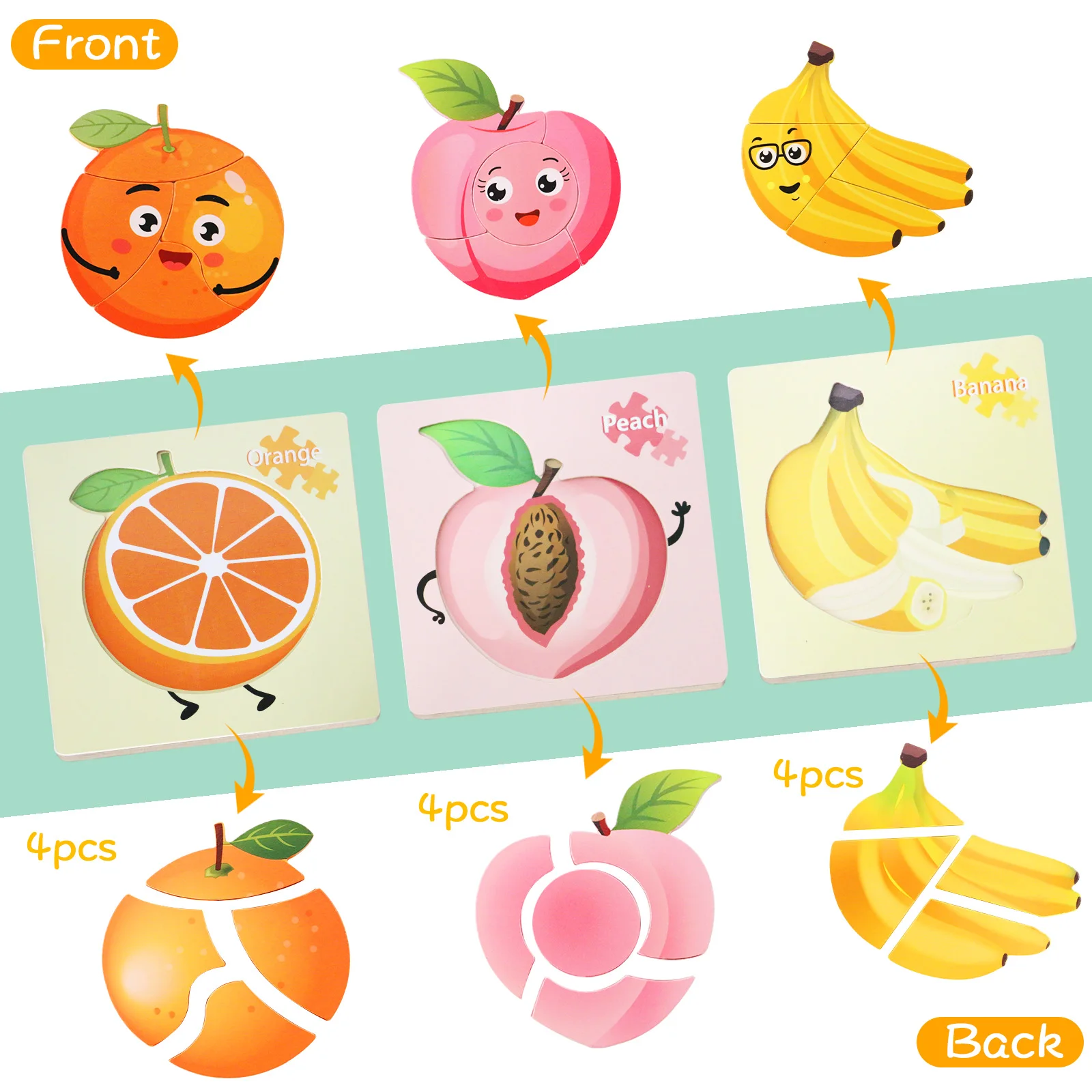 6-piece fruit wooden two-sided jigsaw puzzle for toddlers, Montessori educational learning toys