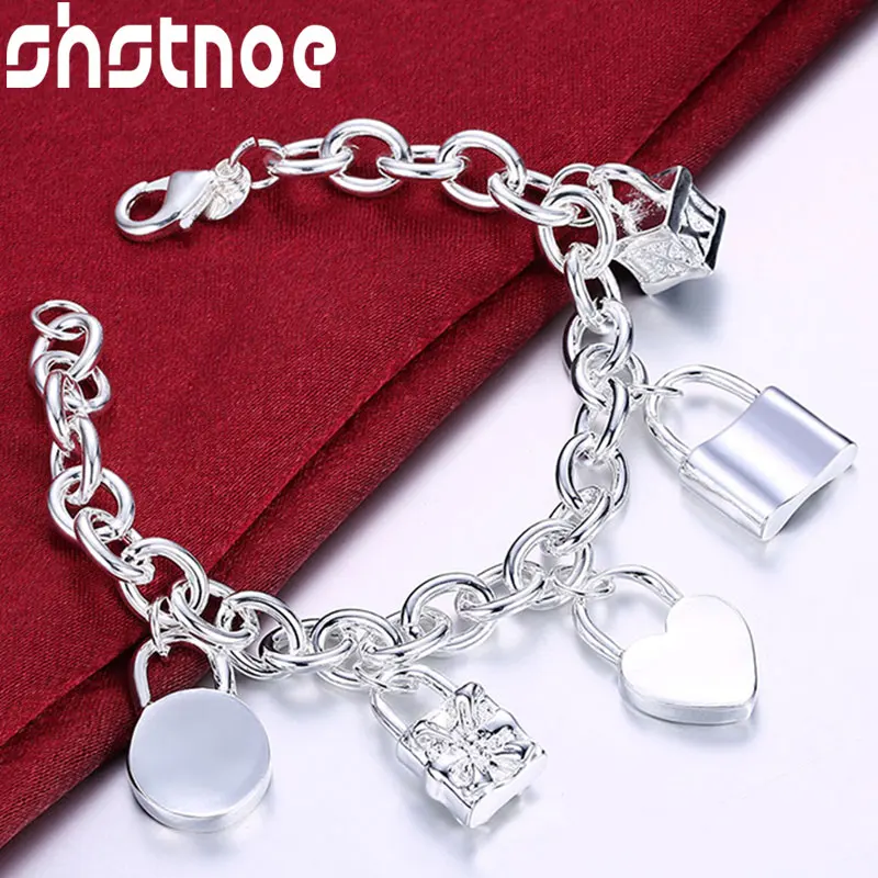 

SHSTONE 925 Sterling Silver Heart/Circle/Square Lock Bracelet For Women Party Engagement Wedding Birthday Gift Fashion Jewelry