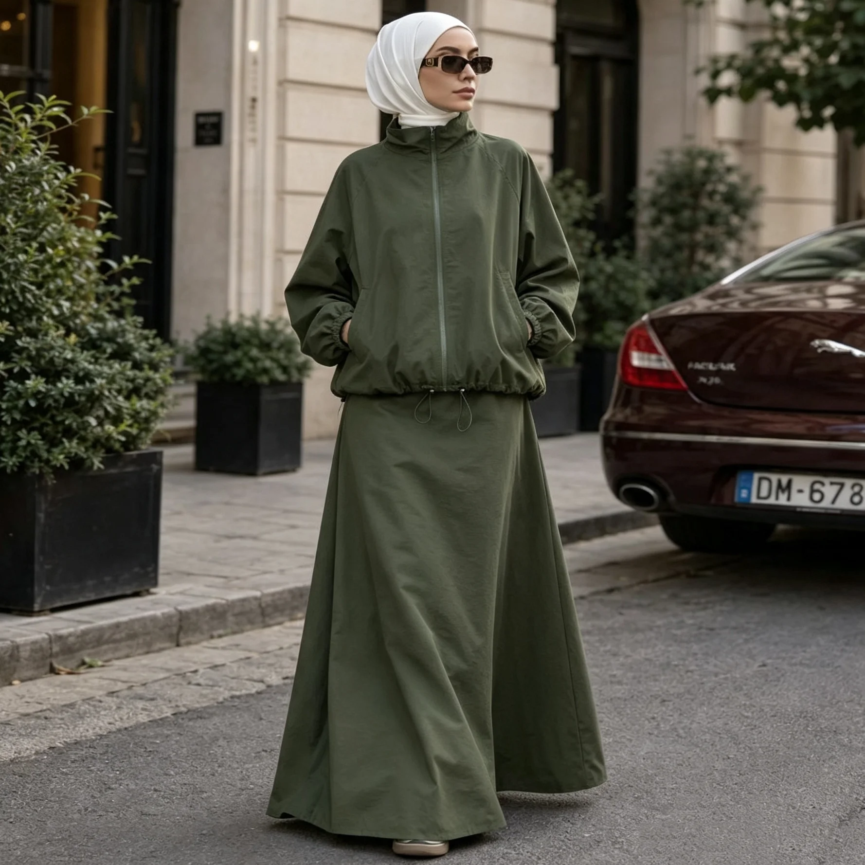 RU Modest Two Piece Outfit Stand Collar Zip Jacket Cuffed Sleeve Maxi Long Skirt Casual Tracksuit suitable for daily modest wear