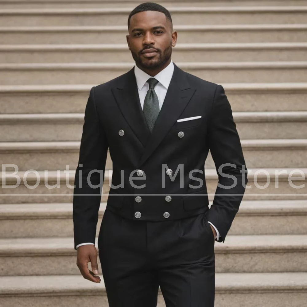 

Men Black Double Breasted Suit Set Peak Lapel Slim Fit Formal Blazer Pants For Groom Wedding Business Party Tuxedo 2 Piece